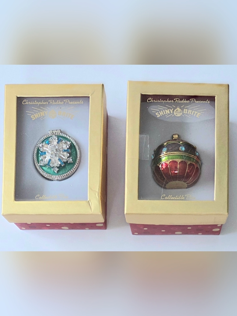 TWO CHRISTOPHER RADKO JEWELED ENAMEL METAL TRINKET BOXES , NEW
